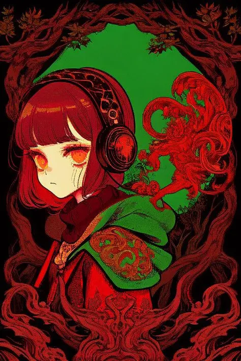 woman in a mythical forest, masterpiece, perfect face, intricate details, horror theme <lora:1675289294153141601:1> lofi artstyle, retro aesthetic, pop art,