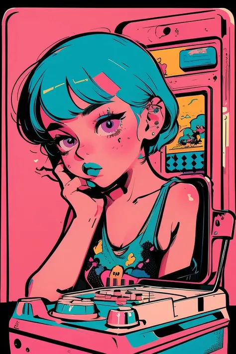 (masterpiece, best quality), 1girl, <lora:1675289294153141601:1> lofi artstyle, retro aesthetic, pop art