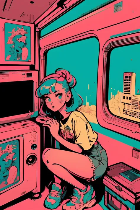 (masterpiece, best quality), 1girl, <lora:1675289294153141601:1> lofi artstyle, retro aesthetic, pop art