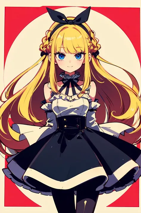 ultra detailed, masterpiece, best quality, solo, cowboy shot, facing viewer, colorful,
soft smile, light smile,
1girl, blue eyes, very long hair, blonde hair, long blonde hair, french braid, bangs, medium breasts,
hair ribbon, frilled choker, criss-cross halter, sleeveless dress, high-waist skirt, backless dress, waist bow, detached sleeves, frilled sleeves, wide sleeves, pantyhose, patterned legwear, mary janes,
<lora:Retro_Lofi:1> lofi artstyle, retro aesthetic, pop art,