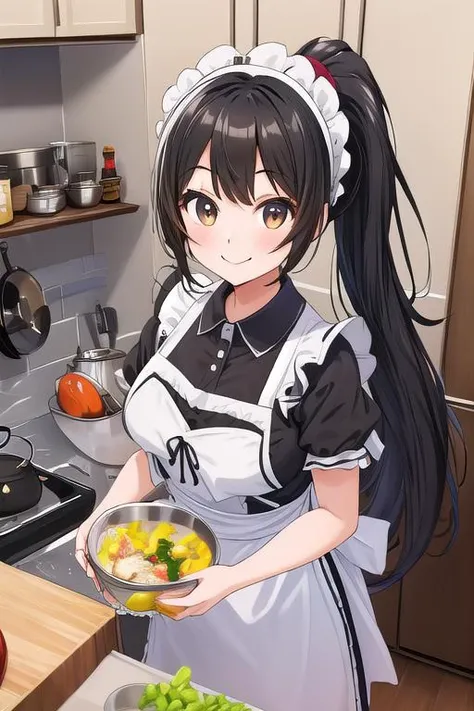 masterpiece, best quality,ultra detail, <lora:anmnr01:0.3> <lora:add_detail:0.5>,<lora:GoodHands-vanilla:0.8>long onepiece,
1girl,black hair, ponytail, <lora:heartapronnew:0.8>,(apron).kitchen, Stove,sink,smile,headdress,cooking,food