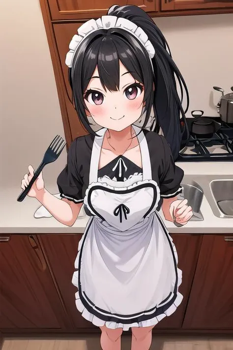 masterpiece, best quality,ultra detail, <lora:anmnr01:0.3> <lora:add_detail:0.5>,<lora:GoodHands-vanilla:0.8>long onepiece,
1girl,black hair, ponytail, <lora:heartapronnew:0.8>,(apron).kitchen, Stove,sink,smile,headdress,cooking,food