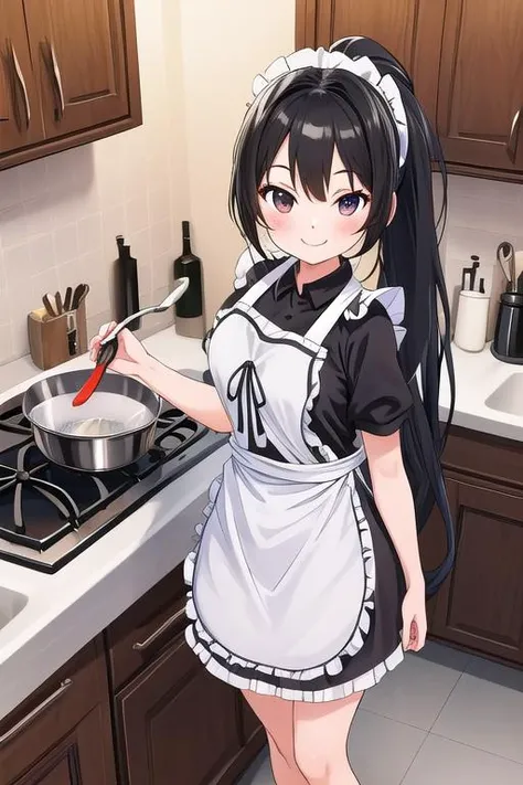 masterpiece, best quality,ultra detail, <lora:anmnr01:0.3> <lora:add_detail:0.5>,<lora:GoodHands-vanilla:0.8>long onepiece,
1girl,black hair, ponytail, <lora:heartapronnew:0.7>,(apron).kitchen, Stove,sink,smile,headdress,cooking