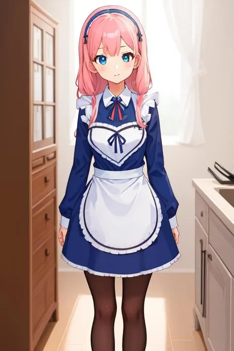 1girl, solo, masterpiece, best quality, long sleeves, maid, skirt, pantyhose, indoors, dress, arms behind back, <lora:heartapronnew:1>, apron