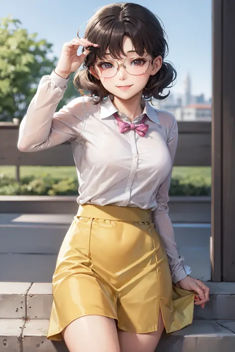 (masterpiece, best quality:1.2), <lora:doraemon_tamako-10:0.7>, cowboy shot, solo, 1girl, nobi tamako, smile, looking at viewer, glasses, pink shirt, yellow skirt