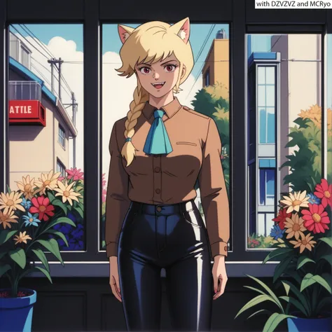 DZVZVZ, score_9, score_8_up, score_7_up, score_6_up, source_anime, cowboy shot, solo, 1girl, (MCRyo:0.7), catgirl, red eyes, happy, (braided ponytail:1.2), sukajan, brown shirt, (leather pants:1.2), ascot, greenhouse, window, garden, blooming flowers, fragrant, medium breasts, (blonde hair:0.3)