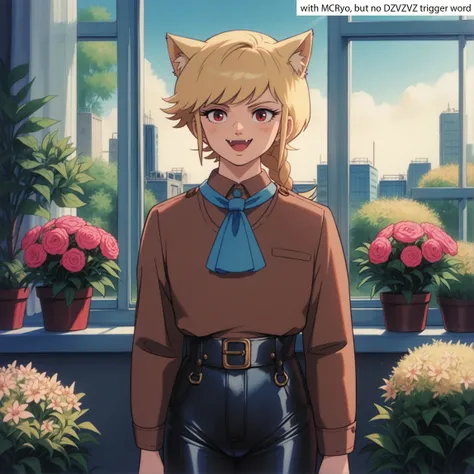 score_9, score_8_up, score_7_up, score_6_up, source_anime, solo, 1girl, catgirl, red eyes, happy, braid, blonde hair, sukajan, brown shirt, leather chaps, ascot, greenhouse, window, garden, blooming flowers, fragrant, (MCRyo:0.8)