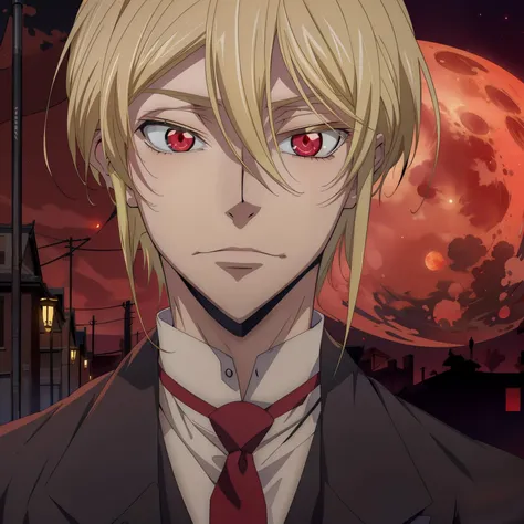 codeGeass, <lora:codeGeass_offset:1>, <lora:william_james_moriarty:0.7>, william_james_moriarty, 1boy, blonde hair, flag background, formal, full moon, looking at viewer, male focus, moon, necktie, red background, red eyes, red moon, red sky, solo, suit