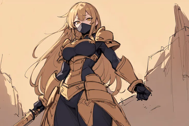 <lora:CustomStylev7Perf:0.8>, sketch , yellow female mecha, (desert landscape:1.1), standing, armor, (yellowscale:1.2), (only yellow colors:1.2), balaclava, long blonde hair, straight hair, blades, heavy armor, detailed, from below