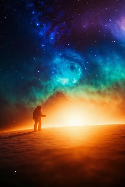 RAW photo, masterpiece, photorealistic, 8k,(blurry:-1), (sharp focus)

moon surface. A lone astronaut silhouetted against a swirling nebula, bathed in the vibrant hues of split-tone lighting. blue orange split-tone lighting, contrasting sharply with the ethereal green and purple glow emanating from the nebula.  Dramatic bokeh blurs the background galaxies and stars