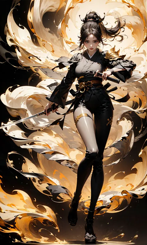 (Black background:1.7)fighting stanceponytailsheathedjapanese armorLight and dark contrast, high contrast, low saturation
1girl,solo,full body,masterpiece,best quality,ultra-detailed,(Smoke:1.6), handheld weapons,holding a samurai sword,  (long legs:1.3), (skinny legs:1.6), (shiny skin:1.5)holding swordholding one Long, super long katana, japanese clothes
The Chrysanthemum and the Blade <lora:~Q?-NR The Chrysanthemum and the Blade:0.7>