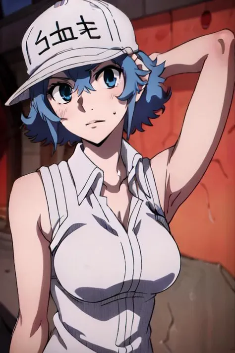 whitebloodcell1212, <lora:white blood cell 1212 s1-lora-nochekaiser:1>,
white blood cell 1212, short hair, hair between eyes, blue hair, blue eyes, white skin, smile,
BREAK gloves, hat, cleavage, black gloves, belt, fingerless gloves, uniform, white headwear, baseball cap, white pants,
BREAK outdoors,
BREAK looking at viewer, (cowboy shot:1.5), dynamic pose,
BREAK <lyco:GoodHands-beta2:1>, (masterpiece:1.2), best quality, high resolution, unity 8k wallpaper, (illustration:0.8), (beautiful detailed eyes:1.6), extremely detailed face, perfect lighting, extremely detailed CG, (perfect hands, perfect anatomy),