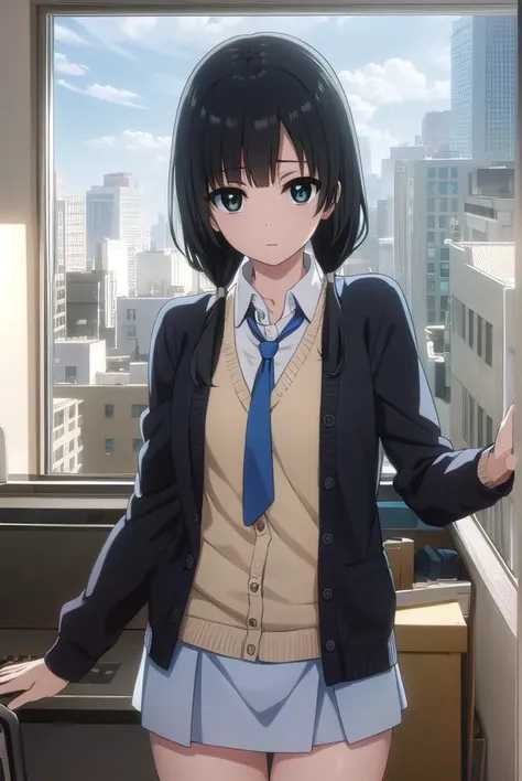 emayasuhara, <lora:ema yasuhara s1-lora-nochekaiser:1>,
ema yasuhara, long hair, black hair, twintails, (black eyes:1.3), low twintails,
BREAK skirt, school uniform, necktie, cardigan, shirt, grey shirt, black skirt, yellow cardigan,
BREAK indoors, office,
BREAK looking at viewer, (cowboy shot:1.5), dynamic pose,
BREAK <lyco:GoodHands-beta2:1>, (masterpiece:1.2), best quality, high resolution, unity 8k wallpaper, (illustration:0.8), (beautiful detailed eyes:1.6), extremely detailed face, perfect lighting, extremely detailed CG, (perfect hands, perfect anatomy),