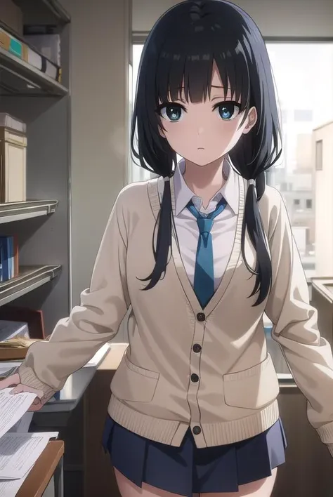 emayasuhara, <lora:ema yasuhara s1-lora-nochekaiser:1>,
ema yasuhara, long hair, black hair, twintails, (black eyes:1.3), low twintails,
BREAK skirt, school uniform, necktie, cardigan, shirt, grey shirt, black skirt, yellow cardigan,
BREAK indoors, office,
BREAK looking at viewer, (cowboy shot:1.5), dynamic pose,
BREAK <lyco:GoodHands-beta2:1>, (masterpiece:1.2), best quality, high resolution, unity 8k wallpaper, (illustration:0.8), (beautiful detailed eyes:1.6), extremely detailed face, perfect lighting, extremely detailed CG, (perfect hands, perfect anatomy),