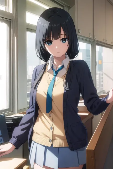emayasuhara, <lora:ema yasuhara s1-lora-nochekaiser:1>,
ema yasuhara, long hair, black hair, twintails, (black eyes:1.3), low twintails,
BREAK skirt, school uniform, necktie, cardigan, shirt, grey shirt, black skirt, yellow cardigan,
BREAK indoors, office,
BREAK looking at viewer, (cowboy shot:1.5), dynamic pose,
BREAK <lyco:GoodHands-beta2:1>, (masterpiece:1.2), best quality, high resolution, unity 8k wallpaper, (illustration:0.8), (beautiful detailed eyes:1.6), extremely detailed face, perfect lighting, extremely detailed CG, (perfect hands, perfect anatomy),