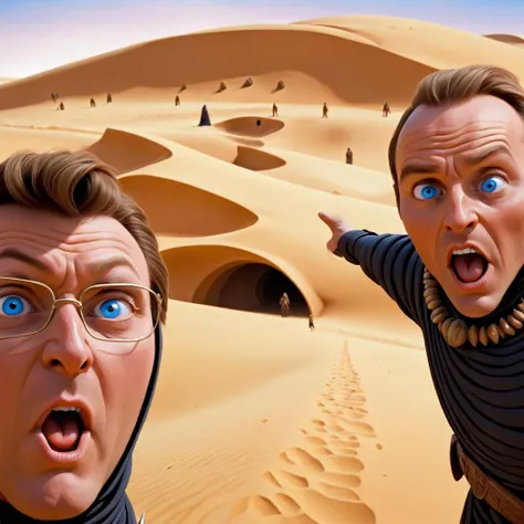  two men, paul atreides, fremen, blue eyes, dune, (looking at viewer:1.3), with mouth open, soyface, pointing finger behind them, at arrakis, neolithic architecture 