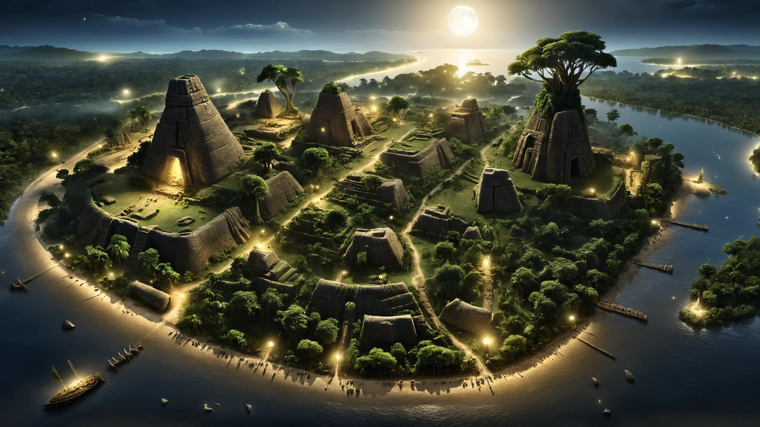 photorealistic, detailed digital illustration of an ancient jungle civilization on the coast with a river running to the ocean and huge trees, <lora:xl_more_art-full_v1:0.4>, Moonlight, <lora:EnvyPanoramaXL01:0.8>, <lora:sdxlaarg_aerial:0.8> archiaerialview, <lora:EnvyMysteriousXL01:0.7>, <lora:EnvyNeolithicXL01:0.8>