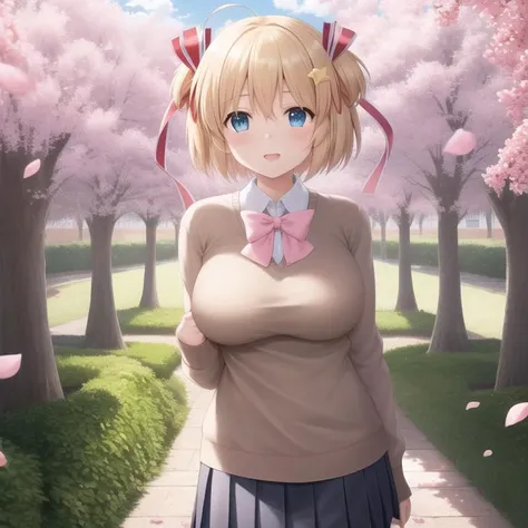 ((masterpiece)),(((best quality))), ((ultra-detailed)), ((illustration)), masterpiece, best quality, highres, {beautiful detailed eyes}, finely detail, 4k wallpaper, randomly distributed clouds, falling petals, beautiful detailed eyes, dynamic angle
(komari:1.0), (solo:1.0), standing in a garden, (wearing brown sweater and pink bow and grey pleated skirt and hair ribbon and star hair ornament:1.1), (short blonde hair:1.0), blue eyes, huge breasts, (standing in a school:1.1)