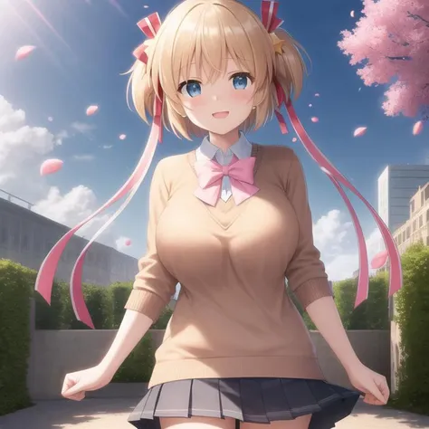 ((masterpiece)),(((best quality))), ((ultra-detailed)), ((illustration)), masterpiece, best quality, highres, {beautiful detailed eyes}, finely detail, 4k wallpaper, randomly distributed clouds, falling petals, beautiful detailed eyes, dynamic angle
(komari:1.0), (solo:1.0), standing in a garden, (wearing brown sweater and pink bow and grey pleated skirt and hair ribbon and star hair ornament:1.1), (short blonde hair:1.0), blue eyes, huge breasts
