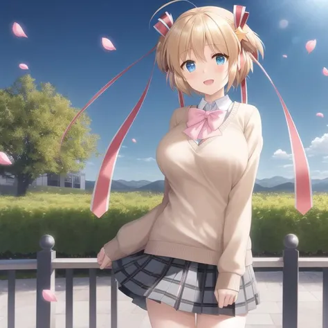((masterpiece)),(((best quality))), ((ultra-detailed)), ((illustration)), masterpiece, best quality, highres, {beautiful detailed eyes}, finely detail, 4k wallpaper, randomly distributed clouds, falling petals, beautiful detailed eyes, dynamic angle
(komari:1.1), (solo:1.0), standing in a garden, (wearing brown sweater and pink bow and grey pleated skirt and hair ribbon and star hair ornament:1.1), (short blonde hair:1.0), blue eyes, huge breasts, (standing in a school:1.1)