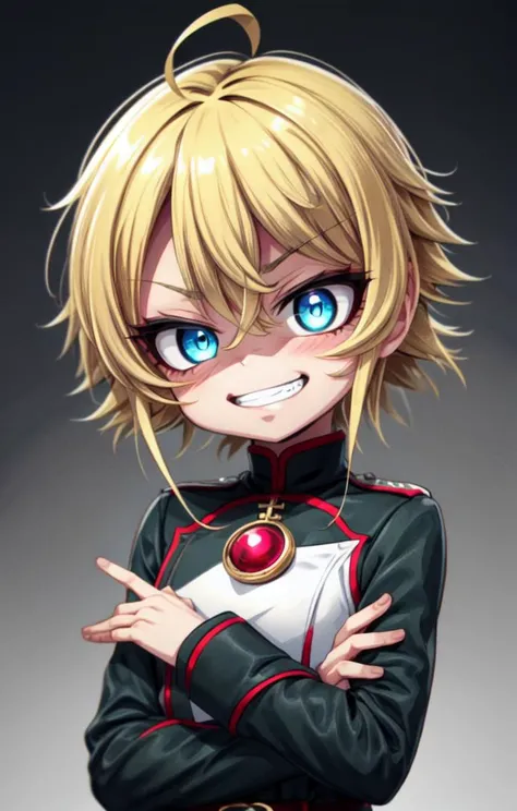 1 girl, cute, (looking at viewer:1.0), adorabel girl, cute face, details sky, handsome, juvenile, ((masterpiece:1.4, best quality)), multiple details, eyeshadow, (full shot:1.5), gradiant eyes,
lora:add_detail:0.8>, <lora:more_details:0.6>,<lora:stylized3DModelLora_v20:0.2>,
<lora:眼睛双_2:0.4>, <lora:Tanya Degurechaff:0.7>, evil,
blonde hair, ahoge, short hair,military uniform, TanyaTheEvil, blue eyes, open mouth, crazy eyes, evil grin,