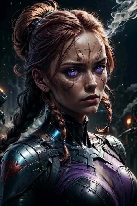 Comic art, <lora:tangbohu-detailer_1.0:1>, <lora:realistic:0.3>
1 girl, adult (elven:0.7) woman, purple eyes, ginger braided hairstyle,
portrait, (bloody scars:0.7), looking at viewer, solo, upper body, detailed background, close up, ( <lora:NodesTech:0.6>, data-space, NodesTech theme:1.1), superhero, aggressive expression, fighting stance, smoke, epic cinematic atmosphere,
scg, <lora:stylized3DModelLora_v20:0.2>,