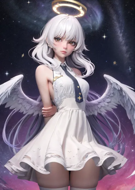 <lora:stylized_3dcg_v4-epoch-000012:0.8>,  hyper detailed 3d, 1girl, looking at viewer,
angel, angelanddevil, angelwings, aurora,  blacknecktie, blackskirt, blush, constellation,  galaxy, glowingwings, halo, white wings, largewings, lightparticles, night, nightsky, white dress, sky, solo, space, spreadwings, starrybackground, starrysky, starryskyprint, thighhighs, whitefeathers, (white hair), (long hair), (arms_behind_back),
masterpiece, best quality, 8k, detailed skin texture, detailed cloth texture,  beautiful detailed face, intricate details, ultra detailed, zentangle, <lora:hipoly_3dcg_v7-epoch-000012:0.2:NCNF>, hiqcgbody,