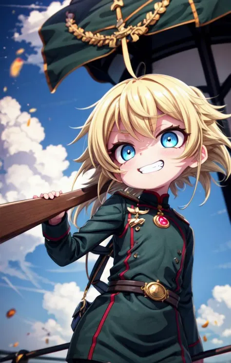 1 girl, cute, (looking at viewer:1.0), adorabel girl, cute face, details sky, handsome, juvenile, ((masterpiece:1.4, best quality)), multiple details, eyeshadow, (full shot:1.5), gradiant eyes,
lora:add_detail:0.8>, <lora:more_details:0.6>,<lora:stylized3DModelLora_v20:0.2>,
<lora:眼睛双_2:0.4>, <lora:Tanya Degurechaff:0.7>, evil,
blonde hair, ahoge, short hair,military uniform, TanyaTheEvil, blue eyes, open mouth, crazy eyes, evil grin,