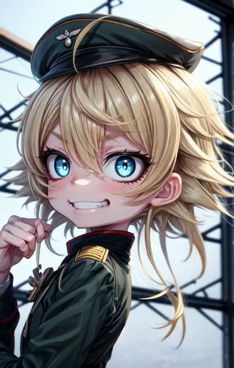 1 girl, cute, (looking at viewer:1.0), adorabel girl, cute face, details sky, handsome, juvenile, ((masterpiece:1.4, best quality)), multiple details, eyeshadow, (full shot:1.5), gradiant eyes,
lora:add_detail:0.8>, <lora:more_details:0.6>,<lora:stylized3DModelLora_v20:0.2>,
<lora:眼睛双_2:0.4>, <lora:Tanya Degurechaff:0.7>, evil,
blonde hair, ahoge, short hair,military uniform, TanyaTheEvil, blue eyes, open mouth, crazy eyes, evil grin,