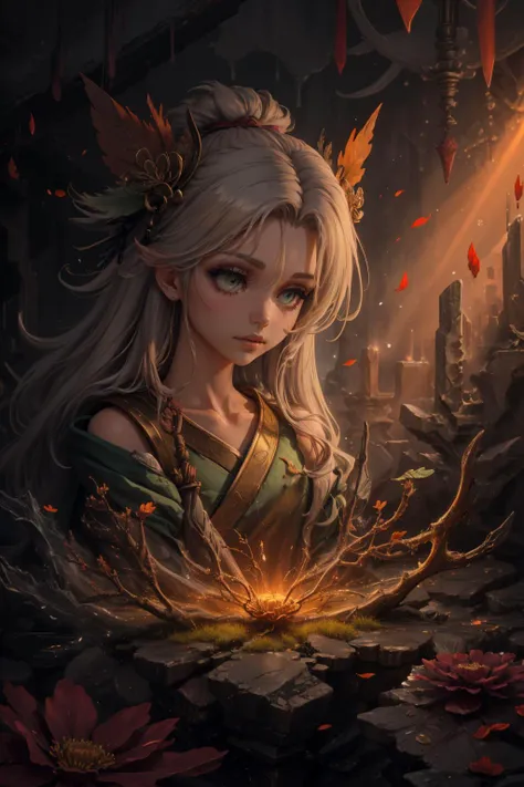 (masterpiece:1.2), (best quality:1.2), <lora:add_detail_v5:1>, <lora:stylesqueeze_v1b:1.0>, <lora:anime3d:0.75>, scg, <lora:stylized3DModelLora_v20:0.2>,
1 girl, adult (elven:0.7) woman,  amber eyes, dark red quiff hair,
focus on character portrait, solo, (full body:0.6), looking down, detailed background, detailed face, (feudal japan theme:1.1),   druid, wearing natural colored green  robes,    feathers,  healing spell, sigils, green magic glow,   (style-swirlmagic:0.8), floating particles,  leaves   vines,    blooming brown flowers, lavenders,   rays of light,  swamp in background, ethereal mysterious atmosphere,