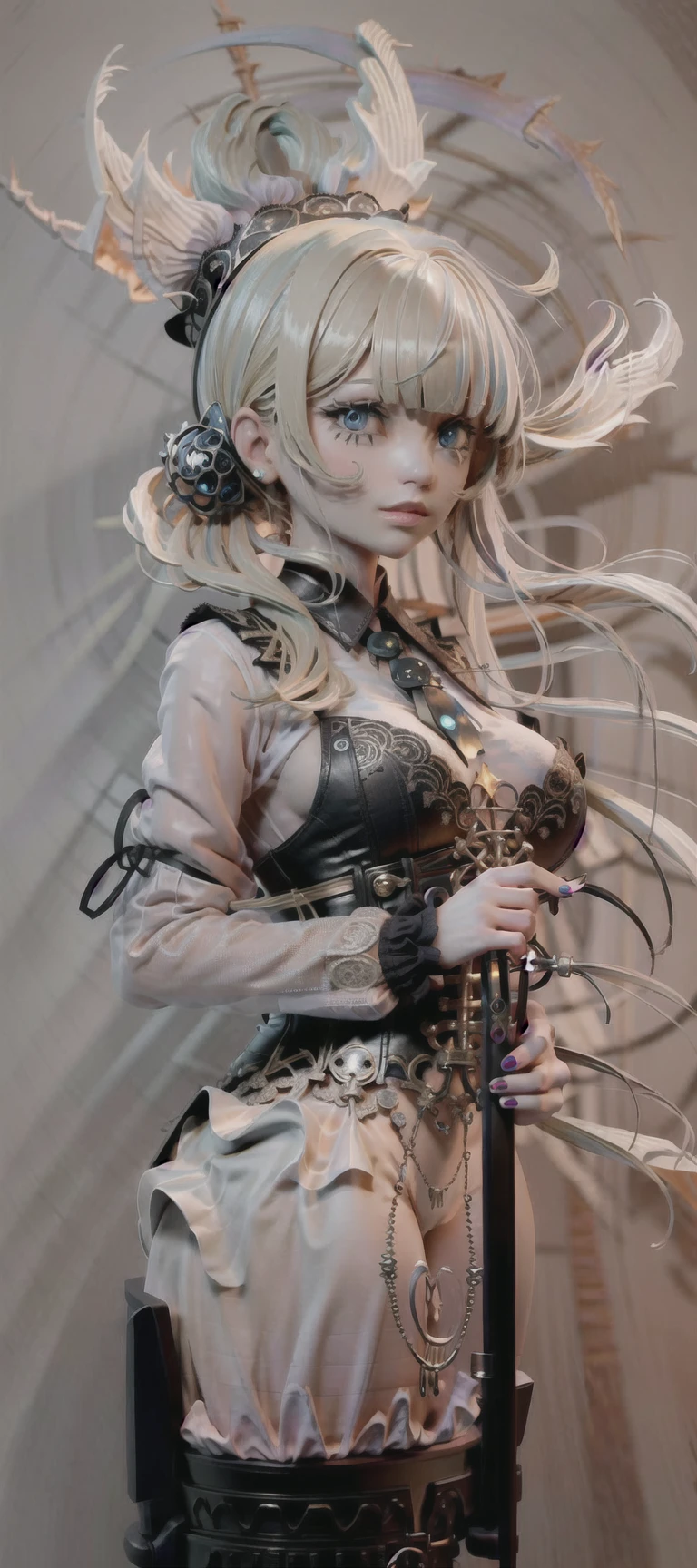 [1girl|solo], (masterpiece:1.1), (best quality:1.1), (intricate detailed Rocker [[White Ombr shirt:Black Appliqud with patches and motifs morning dress:0.85]:[Black Collared revealing clothes:Earth tones hip vent little black dress:0.15]:0.7]:1.25), (Tweed [[Coral Woolen A-line skirt:Turquoise Sleeveless tutu:0.05]:[Green Sheer thong:Orange Linen blouson:0.1]:0.1]:1.15), [nipples|nipples], [(NSFW:1.0):(NSFW:0.95):0.15],[medium:[large|medium]:0.35] breasts, corset, BREAK [black:pink:0.65] theme, (gradient background:1.1), portrait, BREAK [blond:sky blue :0.05] hair, blunt bangs,hime cut,long hair, side-ponytails, [blue:purple:0.85] eyes, intricate detailed black witch hat, holding wand, <lora:eyeLora_eyesV10:1> <lora:stylized3DModelLora_v20:1>