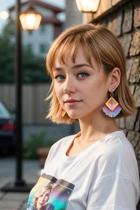 photo of (EPS4br1n4N1c0l3:0.99), closeup portrait, perfect blonde hair, hair upsweep updo, portrait, (modern photo, Abstract pattern t-shirt with a blend of bold and pastel-colored shapes), 24mm, (analog, cinematic, film grain:1.3), (plain time-travel experimentation chamber, granite,slate tiles roof,bioregenerative living walls, bollard lights, deck and step lights, gradient:1.1), ((detailed eyes)), (seductive pose), (epicPhoto), earrings