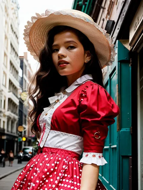 IreneRouse
(medium waist to head shot:1.1) of "enchants in a playful, retro-inspired outfit that transports us to a bygone era. Adorned in a sultry polka-dot tea dress, accessorized with a wide-brimmed hat with ribbons, she exudes a sense of nostalgic joy. Her expression is a mix of mischief and vivacity, as she explores a vibrant city street filled with vintage storefronts. The camera angle captures Irene from a dynamic high angle, showcasing the bustling street below and adding a touch of whimsy to the scene. The composition perfectly captures the playful spirit and retro charm of Irene's outfit."