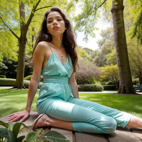 <lora:IreneRouse_v1.0:0.7>,(medium full shot),IreneRouse (medium waist to head shot:1.2) "In a sun-drenched city park, Irene Rouse embodies effortless elegance as an everyday girl in a stylish outfit. Wearing a tailored jumpsuit in a soft pastel shade, she exudes confidence and grace. Her expression is a subtle blend of curiosity and contentment, as she explores the park's hidden corners. The camera angle captures Irene from a low perspective, accentuating the vibrant greenery and framing her as the focal point. The soft sunlight filters through the trees, casting a gentle glow on her face and enhancing the serene ambiance of the scene."