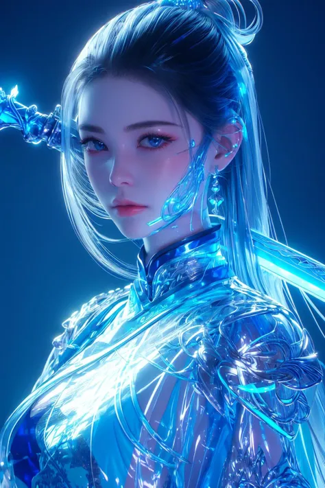colorful, neon lights,baby pink, baby yellow, silver, white, Cyberpunk beauty ,1girl, aqua theme, artist name ,bangs, blue eyes ,closed mouth, crystal, earrings ,electricity ,expressionless, facial mark, fantasy, forehead ,mark ,glowing, glowing weapon, hologram ,holographic interface ,ice ,jewelry, lips, long hair, magic, magic circle, nose, ponytail ,solo, sword, water, weapon ,handing sword ,cyberpunk, 3d, neon light, Bagua ,Tai Chi ,future technology ,glow, glow effect ,high detail ,best quality, Tang Dynasty clothing, hanfu