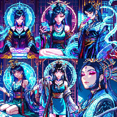 (otherworldly, otherworldly atmosphere, otherworldly appearance), highly insanely detailed, masterpiece, top quality, best quality, highres, 4k, 8k, RAW photo, ((ancient egyptian theme:1.2)), 
(mystical theme), mystical gatmosphere, arcane sanctuaries, otherwordly aura, 
(long_hair, long hair, random colors hair, glowing hair, hair over one eye, long messy hair), 
(eyelashes, eyeliner, eyeshadow, eyelashes, long eyelashes), 
collar, earrings, jewelry, necklace, armlet, 
tentacle, (underwater), nsfw, 
Homestay, Resort, Guest House, 
building, structure, still life, swirling energy, 
action pose, 
drunk, closed eyes, 
abandoned building, shopping mall, overgrown with vegetation, [volumetric fog], cinematic lighting, colorful, 
<lora:Yanxin_Cyberbeauty_V1:0.7>, colorful, neon lights, Cyberpunk beauty, 1girl, Chinese fan, (fantasy world)