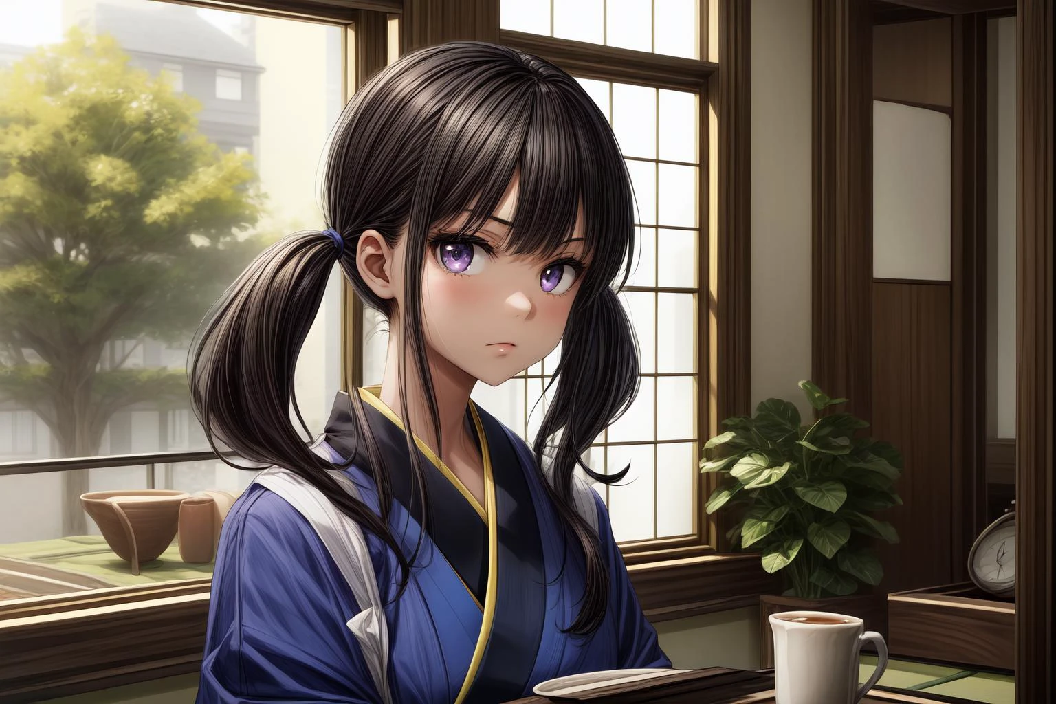 (masterpiece, highres, absurdres, best quality:1.2), 1girl, at cafe, tatami, small room, counter, dappled sunlight, <lora:takina_inoue_v1-Hoseki:0.75> takina inoue, bangs, black hair, purple eyes, twintails, japanese clothes, blue kimono, apron, tabi, (angry:0.8), looking at viewer, ///, shallow depth of field, ultra detailed, ultra-precise depiction, ultra-detailed depiction, beautiful detailed eyes, <lora:add_detail:0.3><lora:hairdetailer:0.2><lora:beautiful-detailed-eyes:0.0><lora:hair_intakes:0.0>
