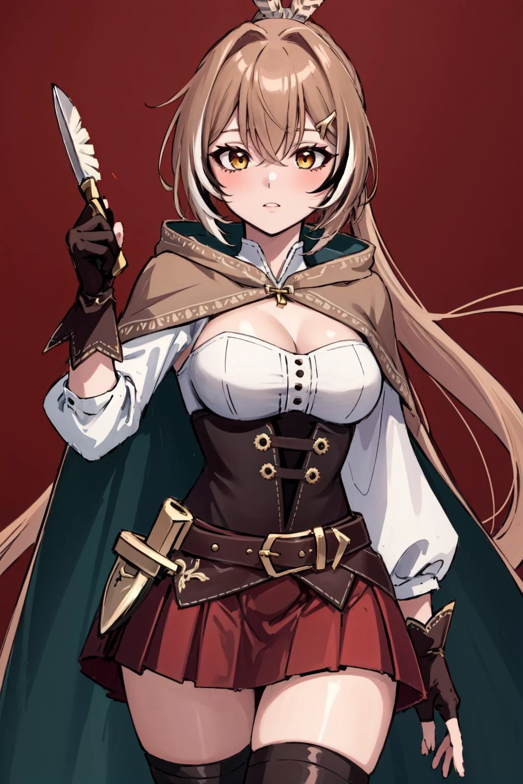 (masterpiece, best quality), intricate details,
1girl,
<lora:hair_intakes:1>
<lora:nanashiMumeiLora_v1:0.8> nanashi mumei, shirt, corset, cleavage cutout, red skirt, single thighhigh, cloak, ribbon, ponytail, very long hair, hairclip, feathers, knife, belt, partially fingerless gloves,