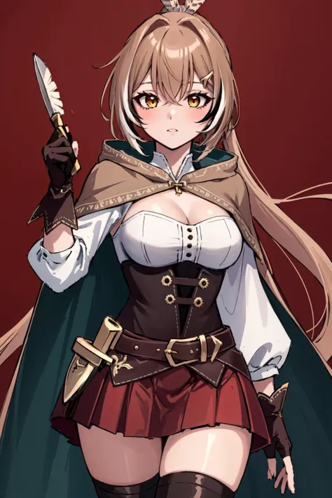 (masterpiece, best quality),  intricate details,
 1girl, 
 <lora:hair_intakes:1>   
 <lora:nanashiMumeiLora_v1:0.8> nanashi mumei, shirt, corset, cleavage cutout, red skirt, single thighhigh, cloak, ribbon, ponytail, very long hair, hairclip, feathers, knife, belt, partially fingerless gloves,