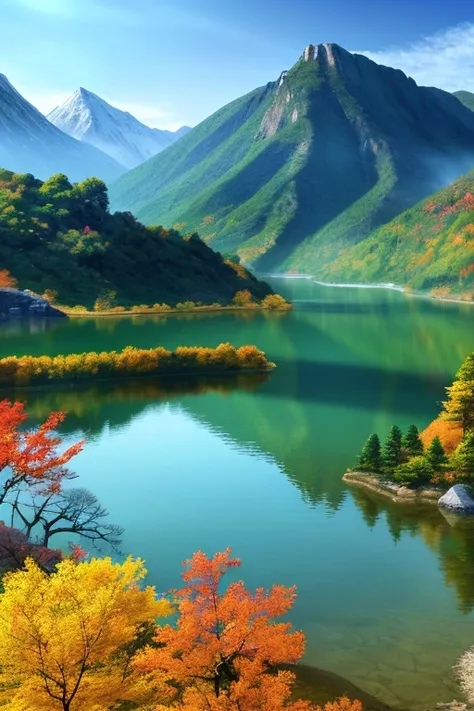 a beautiful korean mountain with lake, (masterpiece), (portrait), (raw photo), (extremely detailed CG unity 8k wallpaper) Intricate, Sharp focus, dramatic, photorealistic  art