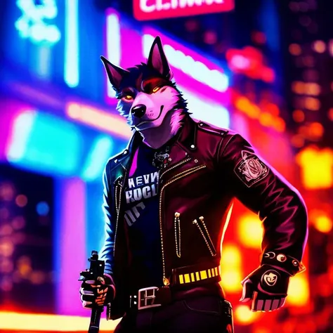 beautiful detailed realistic portrait furry anthro scary dog fursona muscled man wearing punk clothes in the streets of a cyberpunk city, holding a machine gun, gloves, Neo noir style, Cinematic, neon lights glow in the background. Cinestill 800T film. Lens flare. Helios 44m, dreamwave colors, depth of field, bokeh