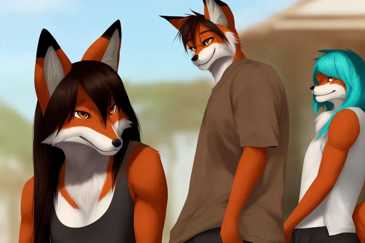 masterpiece, best quality, realistic, (anthro fox:1.3), multiple furry, 2 furry female, shirt, blurry, sleeveless, black hair, blurry background, brown hair, 1 furry male, long hair, facial hair, smile, blue shirt, looking at viewer, sleeveless shirt