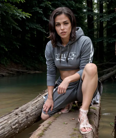 cinematic film still  <lora:quiron_DominoPresley_v9_Lora:0.87> dominopresleyquiron, 1girl, realistic, Balancing on a fallen log over a crystal-clear stream, she exudes a sense of adventure and fearlessness, Cropped hoodie, joggers, slide sandals, . shallow depth of field, vignette, highly detailed, high budget Hollywood movie, bokeh, cinemascope, moody, epic, gorgeous, film grain, grainy