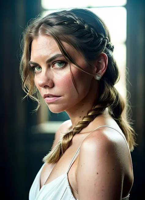 portrait of Lauren Cohan, guilty , wearing haute couture , with blonde Side braid , background hen house epic (photo, studio lighting, hard light, sony a7, 50 mm, matte skin, pores, colors, hyperdetailed, hyperrealistic), <lyco:Lauren Cohan:1.1>