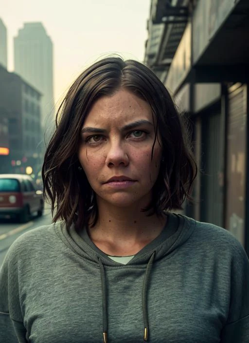 portrait of Lauren Cohan, depressed , wearing sweatshirt , with brown Bob , background cyberpunk city epic (photo, studio lighting, hard light, sony a7, 50 mm, matte skin, pores, colors, hyperdetailed, hyperrealistic), <lyco:Lauren Cohan:1.2>