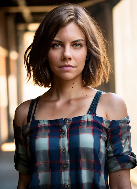 portrait of Lauren Cohan, smiling , wearing tshirt , with a plaid shirt looks off to the side with a serious look on her face and shoulder, with brown Straight hair , background alleyway epic (photo, studio lighting, hard light, sony a7, 50 mm, matte skin, pores, colors, hyperdetailed, hyperrealistic), <lyco:Lauren Cohan:1.2>