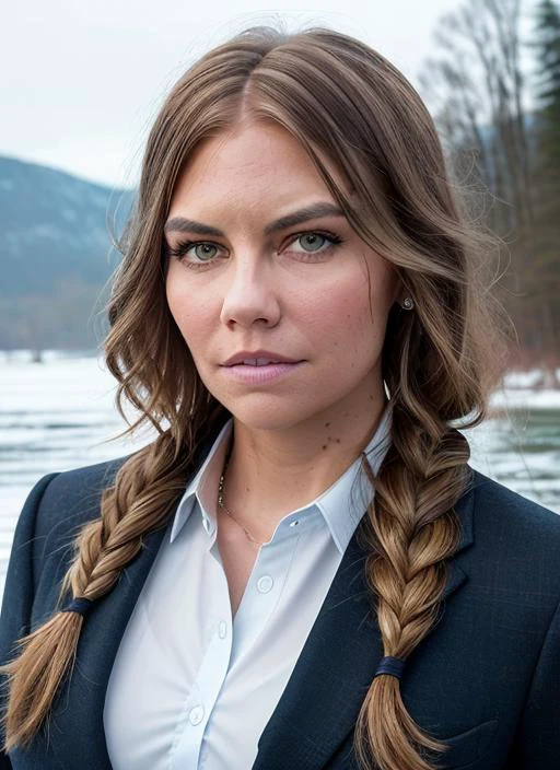 portrait of Lauren Cohan, surprise , wearing formal wear , with natural blonde Side braid , background frozen lakeside epic (photo, studio lighting, hard light, sony a7, 50 mm, matte skin, pores, colors, hyperdetailed, hyperrealistic), <lyco:Lauren Cohan:1.2>