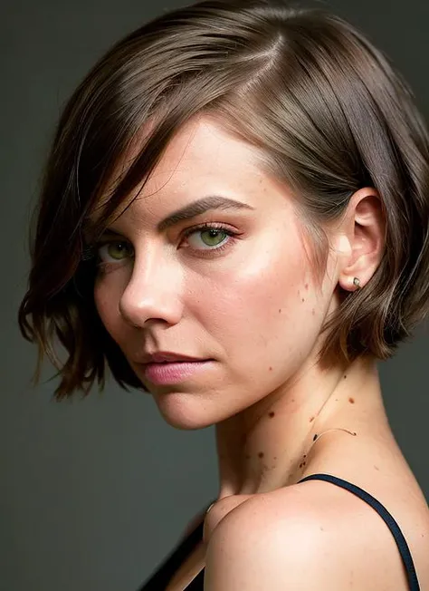 portrait of Lauren Cohan, hopeful , wearing organza , with gray Bob , background fall epic (photo, studio lighting, hard light, sony a7, 50 mm, matte skin, pores, colors, hyperdetailed, hyperrealistic),  <lyco:Lauren Cohan:1.2>