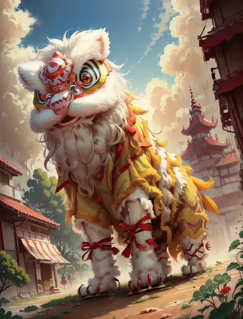 xingshi, lion costume, extra detailed, 8k, 4 legs, outdoors, beautiful sky, close up, high resolution, <lora:xingshi-v1:1>, (Anime Scene, Toonshading, Satoshi Kon, Ken Sugimori, Hiromu Arakawa:1.2), (Anime Style, Manga Style:1.3), Low detail, sketch, concept art, line art, webtoon, manhua, hand drawn, defined lines, simple shades, minimalistic, High contrast, Linear compositions, Scalable artwork, Digital art, High Contrast Shadows, glow effects, humorous illustration, big depth of field, Masterpiece, colors, concept art, trending on artstation, Vivid colors, dramatic