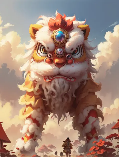 xingshi, lion costume, extra detailed, 8k, 4 legs, outdoors, beautiful sky, close up, high resolution, <lora:xingshi-v1:1>, (Anime Scene, Toonshading, Satoshi Kon, Ken Sugimori, Hiromu Arakawa:1.2), (Anime Style, Manga Style:1.3), Low detail, sketch, concept art, line art, webtoon, manhua, hand drawn, defined lines, simple shades, minimalistic, High contrast, Linear compositions, Scalable artwork, Digital art, High Contrast Shadows, glow effects, humorous illustration, big depth of field, Masterpiece, colors, concept art, trending on artstation, Vivid colors, dramatic